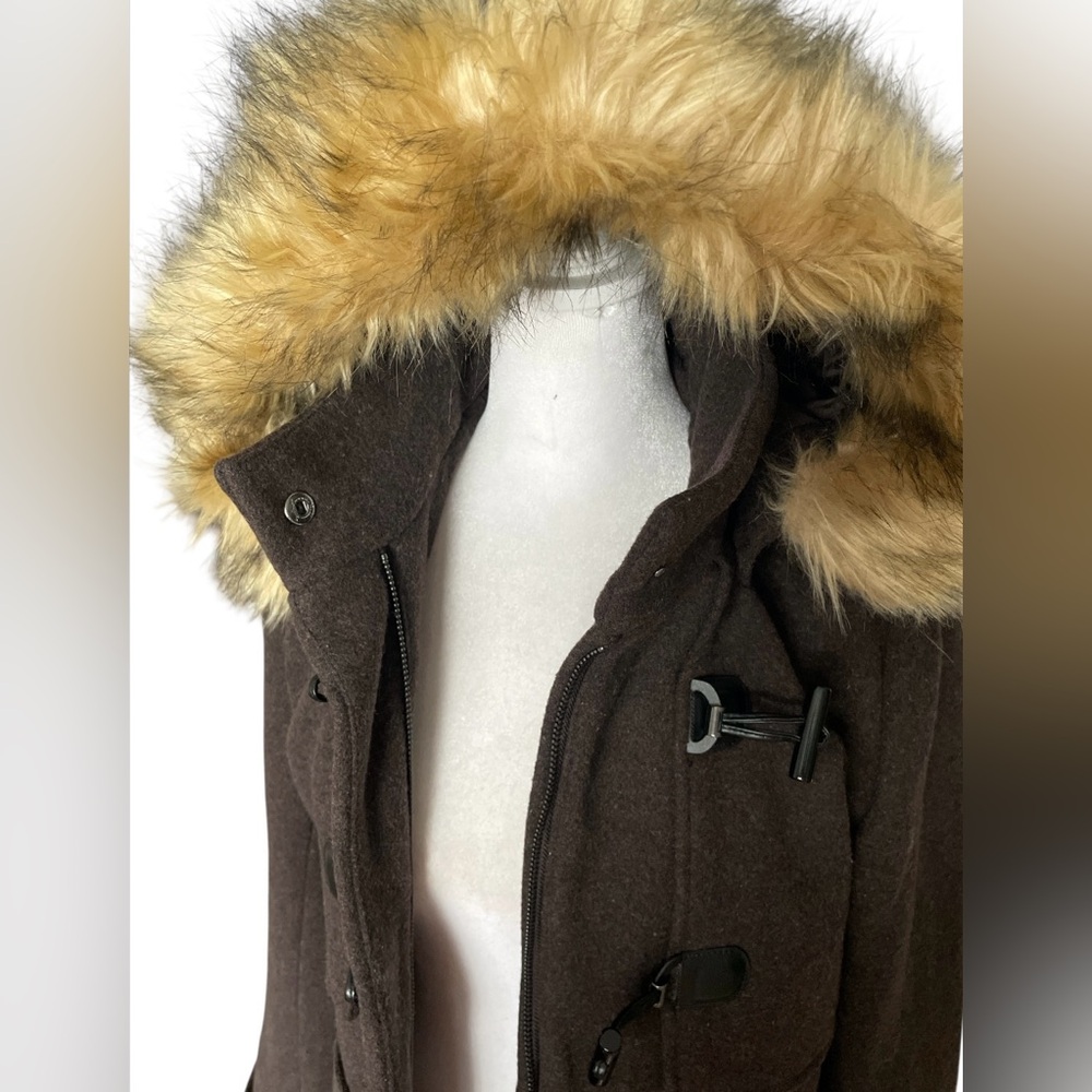 Brown Pea Coat with Faux Fur Hood - Picture 5 of 11